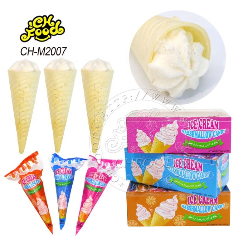 Customized Halal Fruit Flavor Ice Cream Shape Marshmallows with Jam Filled  Cone Cotton Candy Sweets