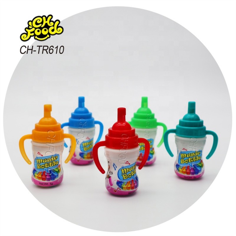 Wholesale Tray Packing Funny Cartoon Nipple Bottle Shape Whistle Toy Candy with Fruit Flavour Mini Bubble Gum Halal Chewing Gum