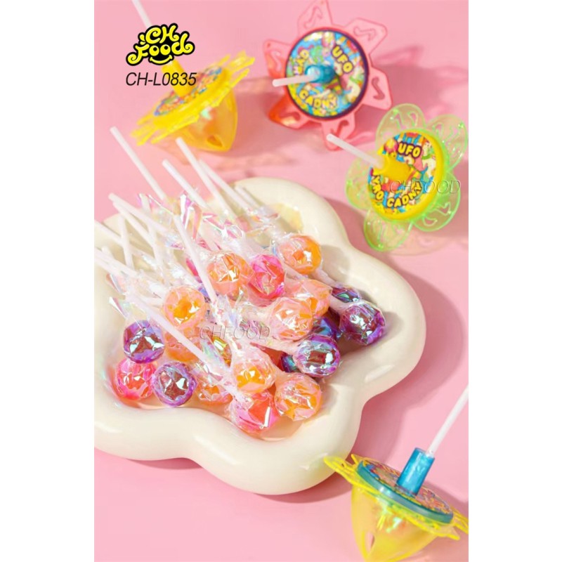 Wholesale Halal Plastic UFO Gyro Candy Toy Spinning Top Toy with Lollipop Candy Sweets for Kids