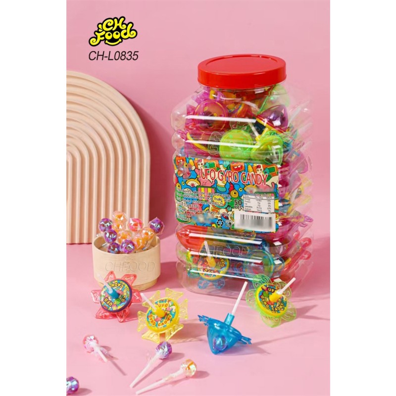Wholesale Halal Plastic UFO Gyro Candy Toy Spinning Top Toy with Lollipop Candy Sweets for Kids