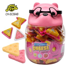 Low MOW Wholesale New Fruit Flavor 3d Cheese Shape Gummy Jelly Soft Candy in Glass Bear Bottle Sweets Snack