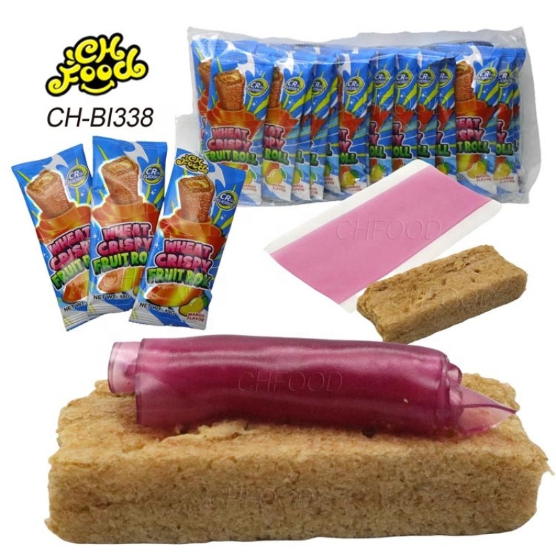 Wheat Crispy Fruit Roll Custom Crispy Biscuits and Fruity Jelly Gummy Candy Wholesale Halal Sweets Snack