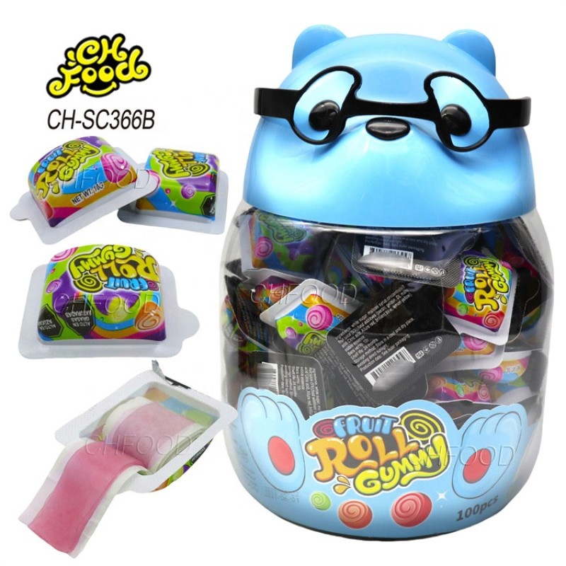 Halal Fruit Flavor Roll Gummy Candy in Glass Bear Bottle Factory  Wholesale and OEM Soft Candy Sweets for Kids