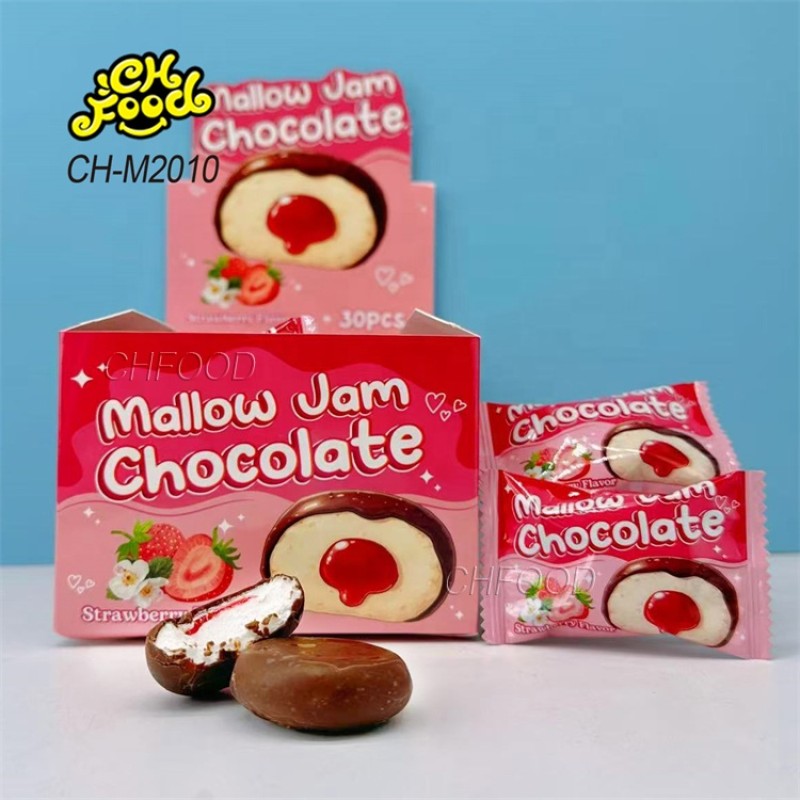 New Halal Crispy Chocolate Coated Strawberry Jam Filled Marshmallow Sweets Candy Wholesale