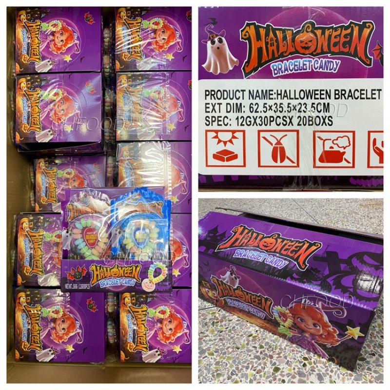 ODM Halloween Bracelet Candies Custom Colorful Sweet Edible Fruit Flavor Skull Pumpkin Tablet Candy for Kids