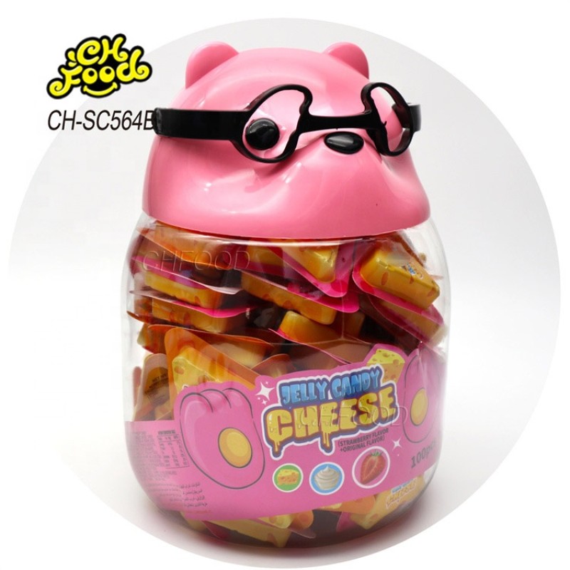 Low MOW Wholesale New Fruit Flavor 3d Cheese Shape Gummy Jelly Soft Candy in Glass Bear Bottle Sweets Snack