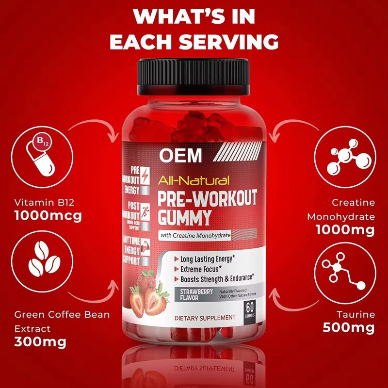 Oem Hot Selling Pre-Workout Gummies with Enhanced Creatine Monohydrate for Men and Women