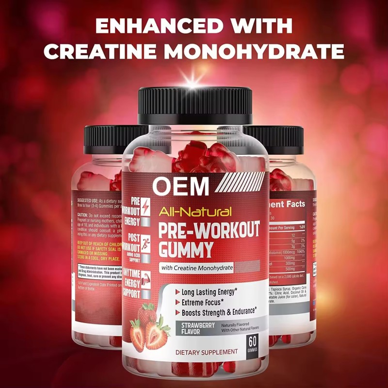 Oem Hot Selling Pre-Workout Gummies with Enhanced Creatine Monohydrate for Men and Women