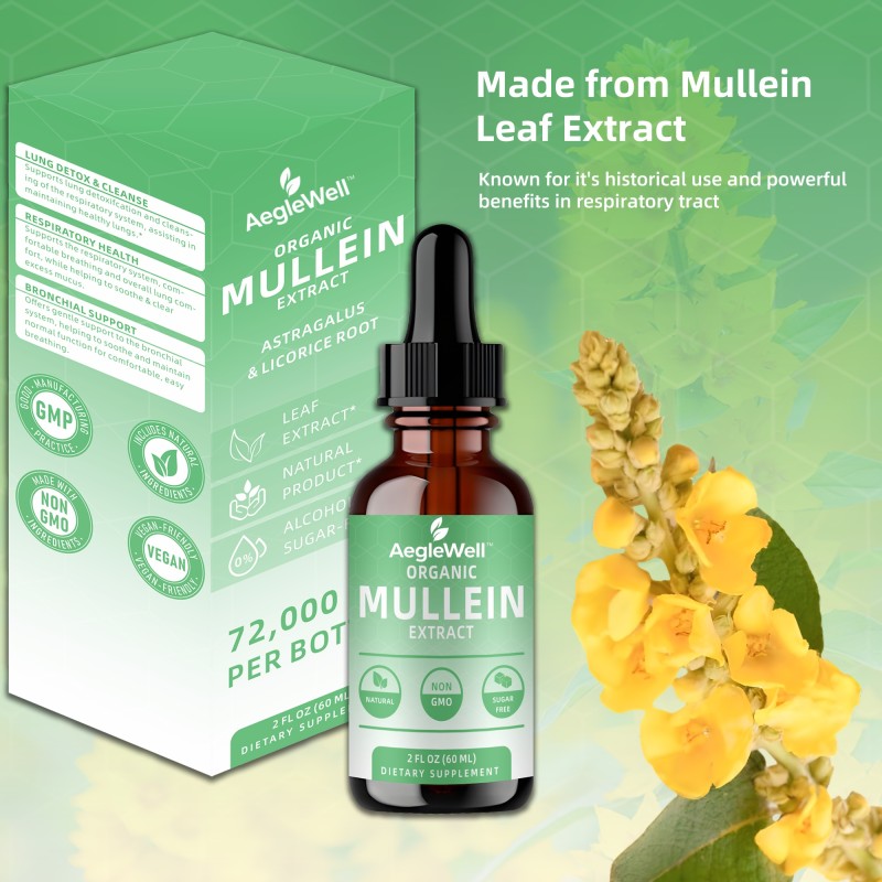 AegleWell Private Label Organic Mullein Leaf Extract Drop Lung Detox Cleanse Fast Absorbing Herbal Liquid Mullein Drops