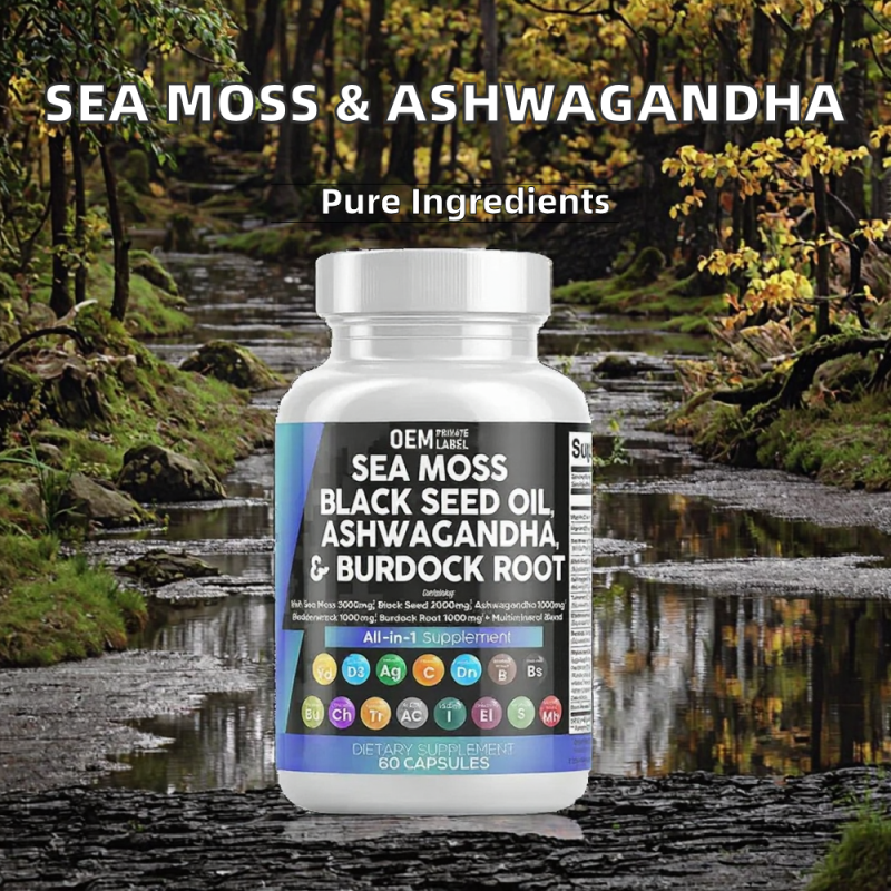Private Label Supplement Manufacturer Sea Moss Black Seed Oil Ashwagandha Bladderwrack Burdock Ginger Herbal