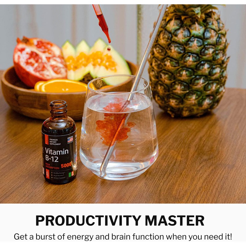 Vitamin B12 Energy Booster Supplements Drops Dosage Beauty Product for Adult Men and Women Supports Metabolism Health