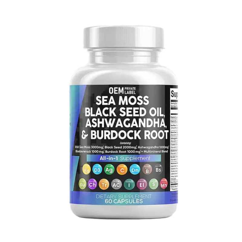 Private Label Supplement Manufacturer Sea Moss Black Seed Oil Ashwagandha Bladderwrack Burdock Ginger Herbal