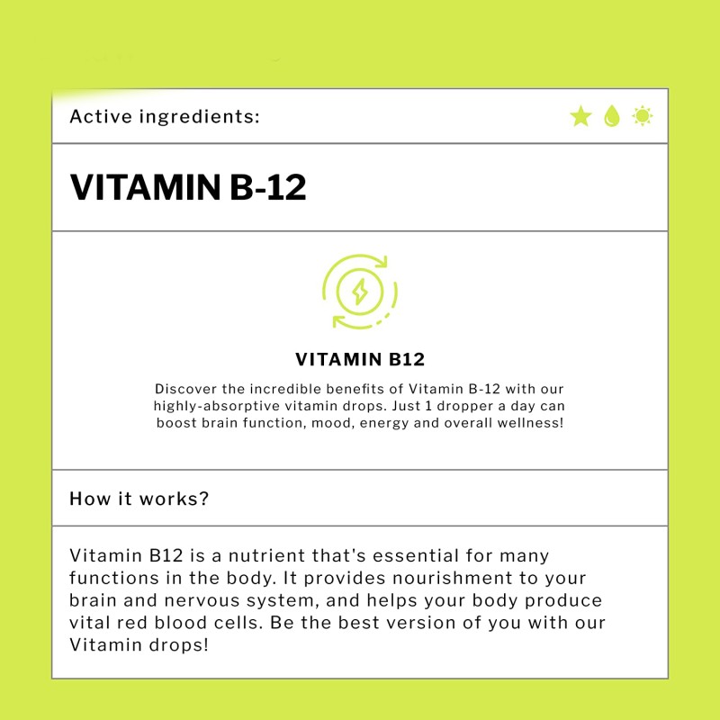 Vitamin B12 Energy Booster Supplements Drops Dosage Beauty Product for Adult Men and Women Supports Metabolism Health