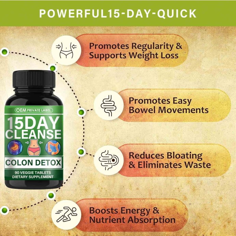 Hot Sale 15-Day Gut Colon Cleanse Detox Support for Adults Men Women Featuring Senna Cascara Sagrada Psyllium Husk Tablet Dosage