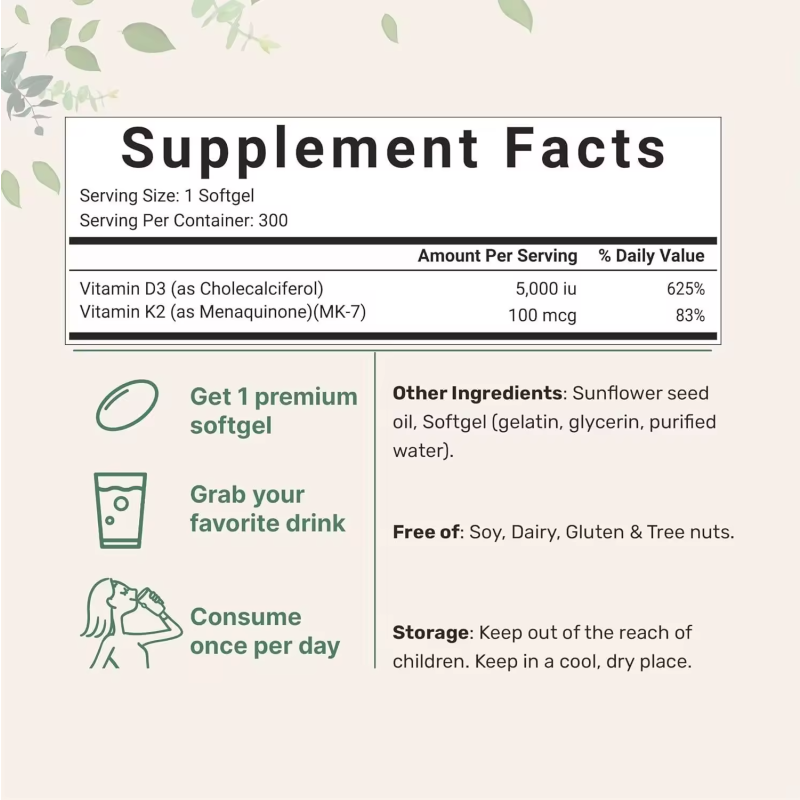 2-in-1 Vitamin D3 5000 IU & K2 100 Mcg 300 Softgels Adult Supplement Supporting Joint Teeth Bone Health