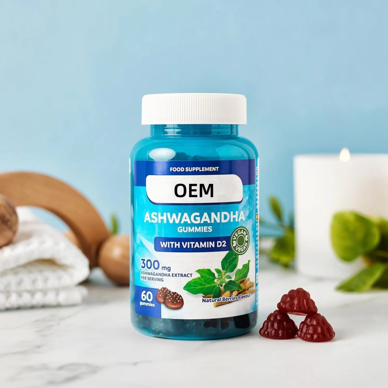 60 Gummies 300 mg Ashwagandha Root Extract 1,000 IU Vitamin D2 Red Fruit Flavor Vegan Adapogenic Anti-stress Calm