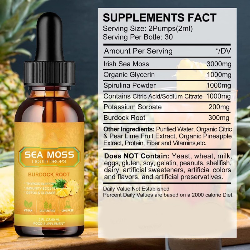 Organic Irish Sea Moss Gel Drops Vitamins Minerals Supplement Burdock Root Adult Immune Joint Digestive Support Beauty Product