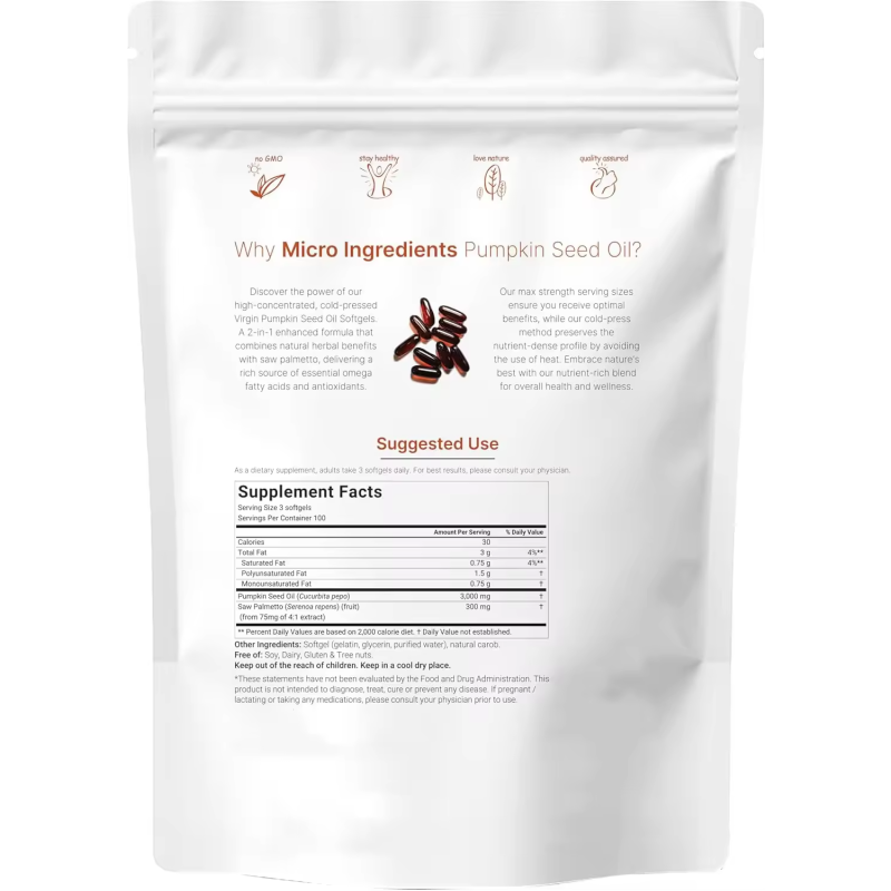 OEM Hot Sale 180-Count Softgels Food Grade Cold Pressed Pumpkin Seed Oil with Saw Palmetto Herbal Supplement Capsules
