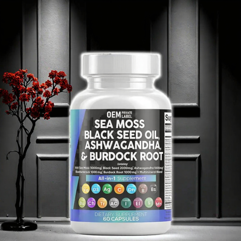 Private Label Supplement Manufacturer Sea Moss Black Seed Oil Ashwagandha Bladderwrack Burdock Ginger Herbal