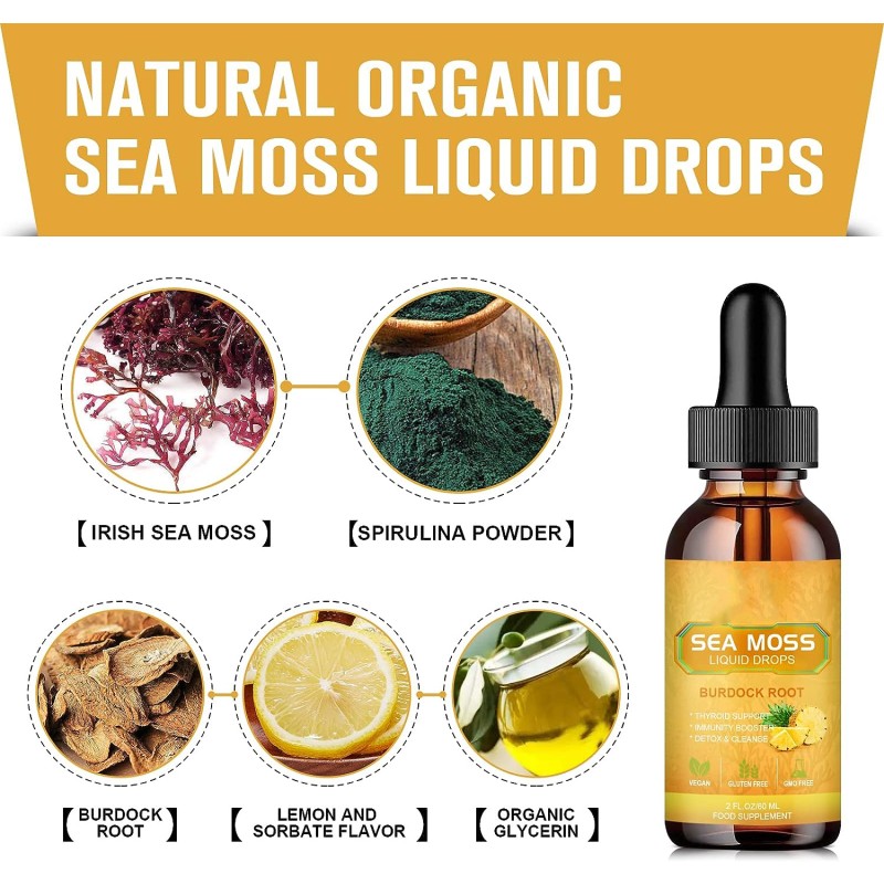 Organic Irish Sea Moss Gel Drops Vitamins Minerals Supplement Burdock Root Adult Immune Joint Digestive Support Beauty Product