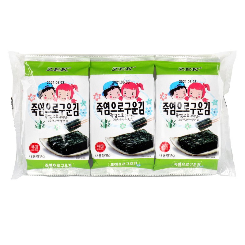 Korean ZEK Instant Seasoned Roasted Seaweed Fresh Laver Variety in Bag Packaging