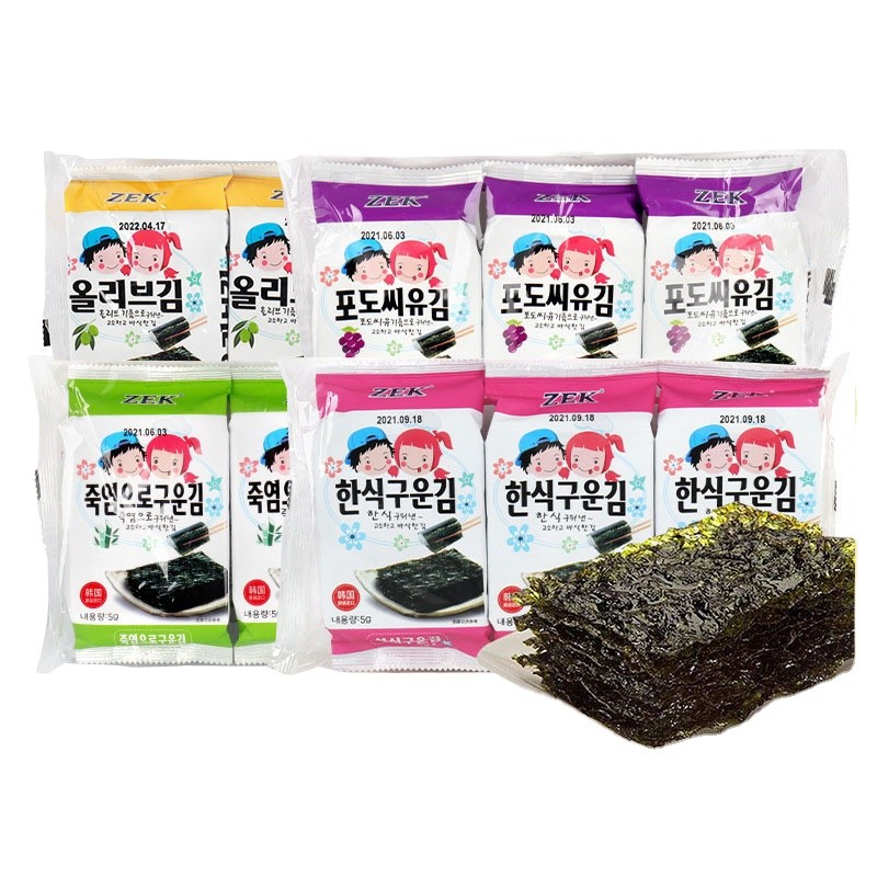 Korean ZEK Instant Seasoned Roasted Seaweed Fresh Laver Variety in Bag Packaging