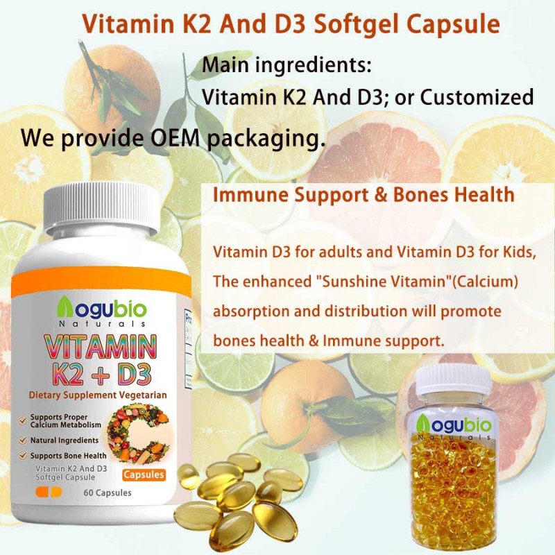 Aogubio Supply High Quality 99% Vitamin D3 and K2 MK7 Capsules Wholesale Vitamin D3 and K2 MK7 Capsules