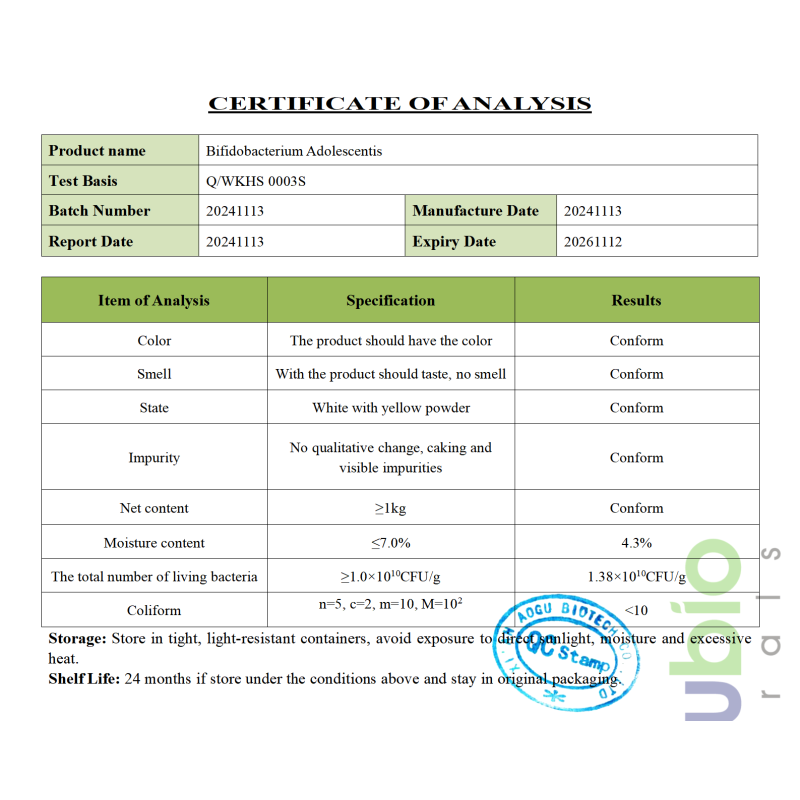 Food Ingredients Bifidobacterium Adolescentis Freeze-dried Probiotics Powder 10 Billion Bifidobacterium Adolescentis Powder