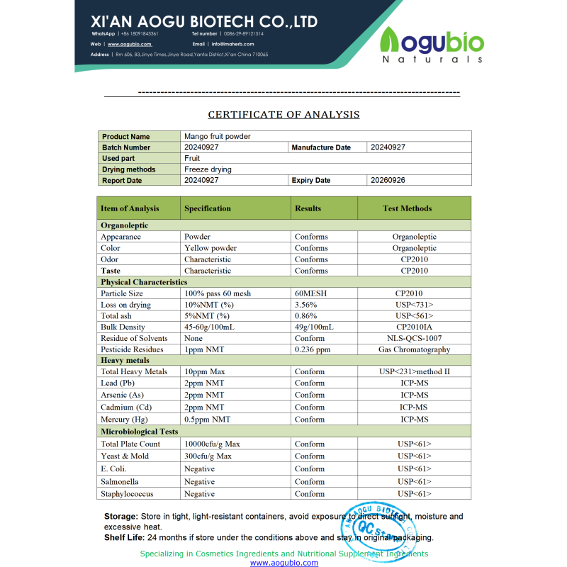 AOGUBIO OEM Freeze Dried Mango Powder Natural Organic Freeze Dried Mango Fruit Powder