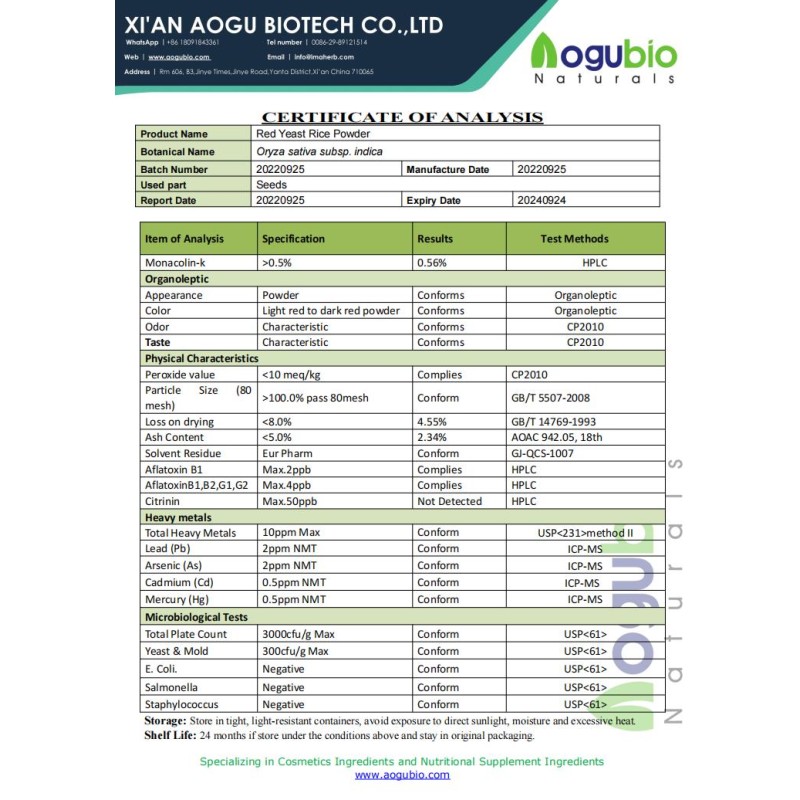 Free Sample Organic 1.5%monacolin K Red Yeast Rice Extract Red Yeast Rice Powder