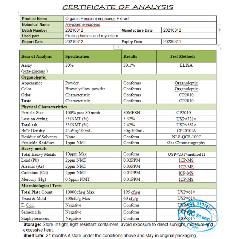 Natural and Organic Certification Lion's Mane Mushroom Powder in Bulk Stock