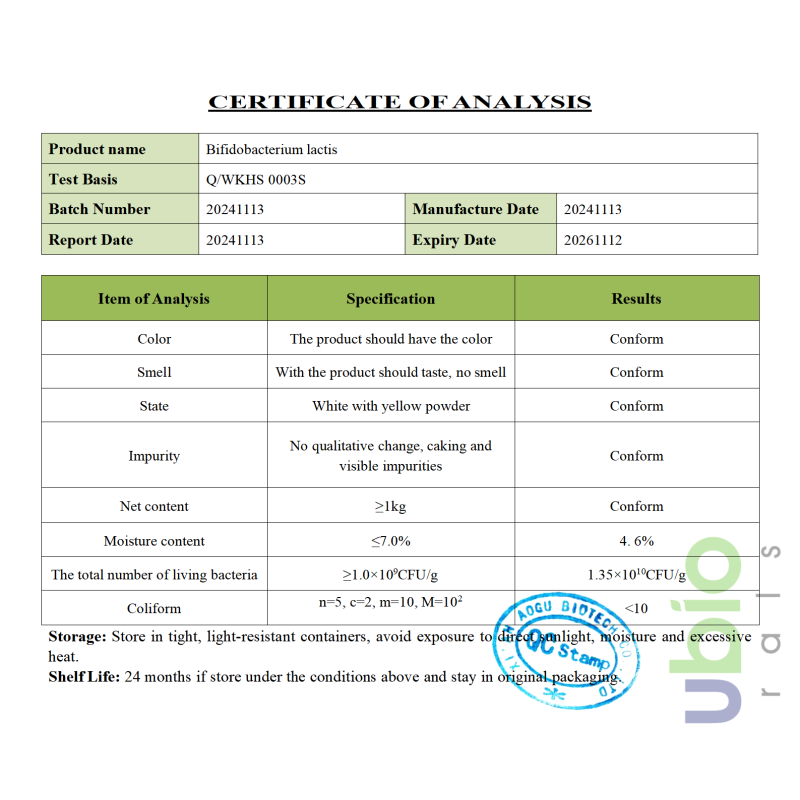 Food Ingredients Bifidobacterium Lactis Freeze-dried Probiotics Powder 10 Bifidobacterium Lactis Powder