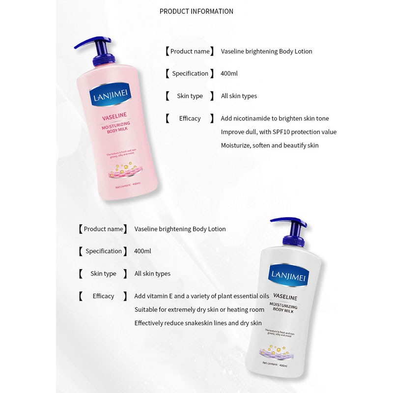 In Stock Wholesale 400ml Moisturizing Whitening Body Milk Vitamin E Nicotinamide Body Lotion