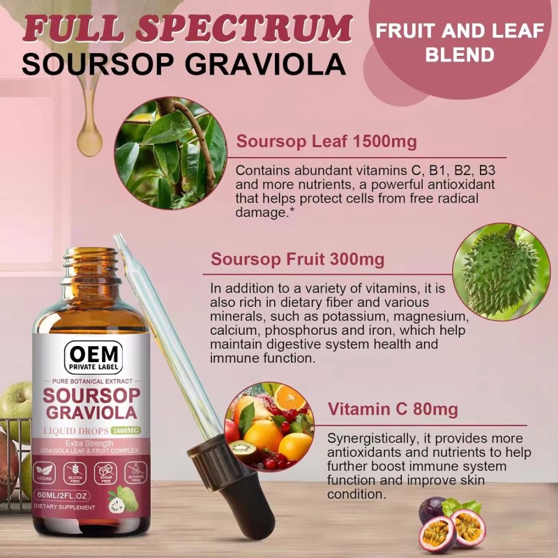 OEM Organic Graviola Leaf Extract Soursop Graviola Liquid Drops Herbal Supplement Support Mood &Relaxation