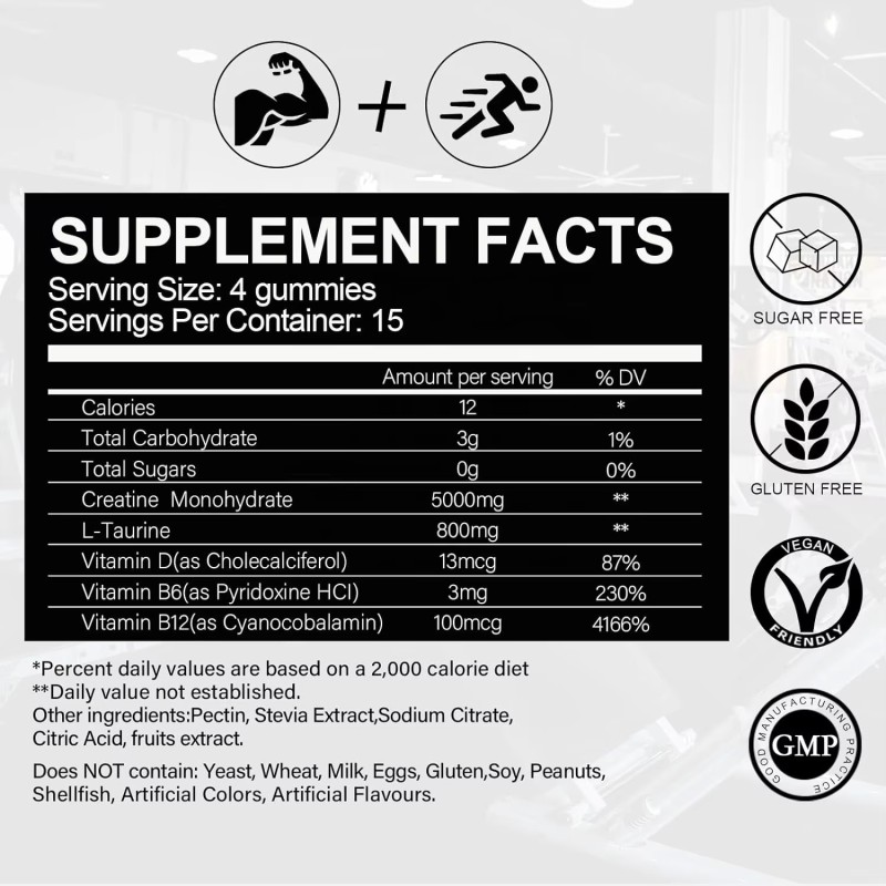 Factory  Customized Sugar Free 500mg Creatine Monohydrate Gummies for Muscle Strength and Energy Boost