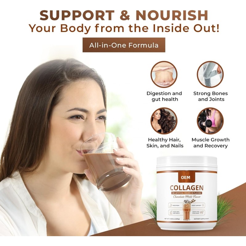 OEM Private Label Collagen Supplements Collagen Peptides Powder for Hair Skin Nail&Joint Support Chocolate Flavour