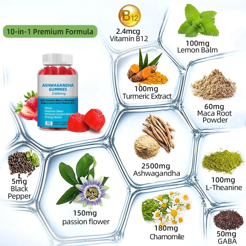 Hot Selling Private Label Natural  Gummies Ashwagandha Root Extract with Vitamin D2 for Men Women Gummies