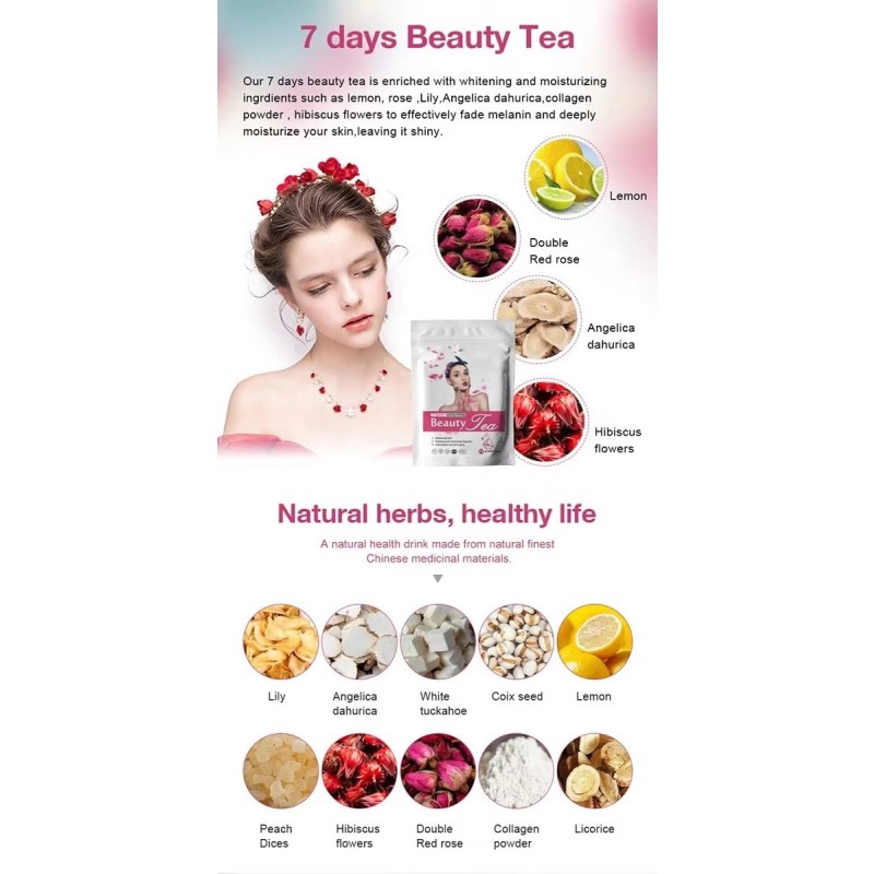 OEM Private Label 7days Glow Smooth Tea Skin Whitening High Quality Herbal Help People Anti Aging Radiant Whitening Tea