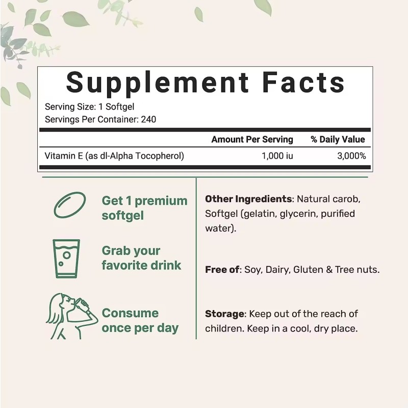 OEM Pure Vitamin E 1000 IU 240 Softgels Oil Pills Antioxidant Supplements for Skin Face Immune Health