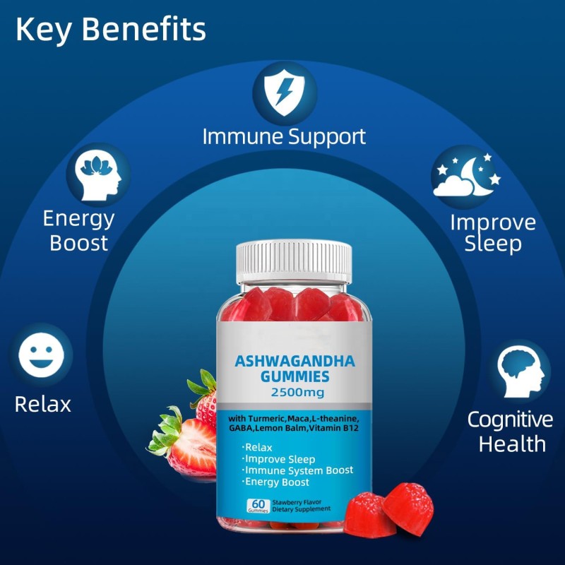 Hot Selling Private Label Natural  Gummies Ashwagandha Root Extract with Vitamin D2 for Men Women Gummies