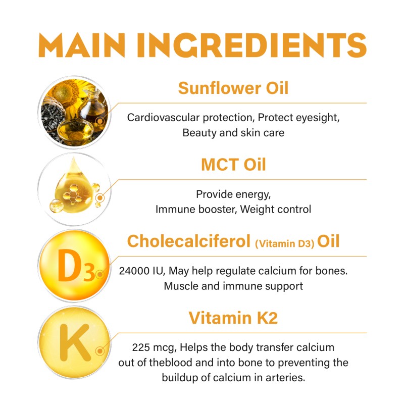 Organic Supplement Vitamin D3+K2 Oil Drops Support Bones Mineral Density Healthy Max Strength Sublingual Liquid D3 K2 Drops