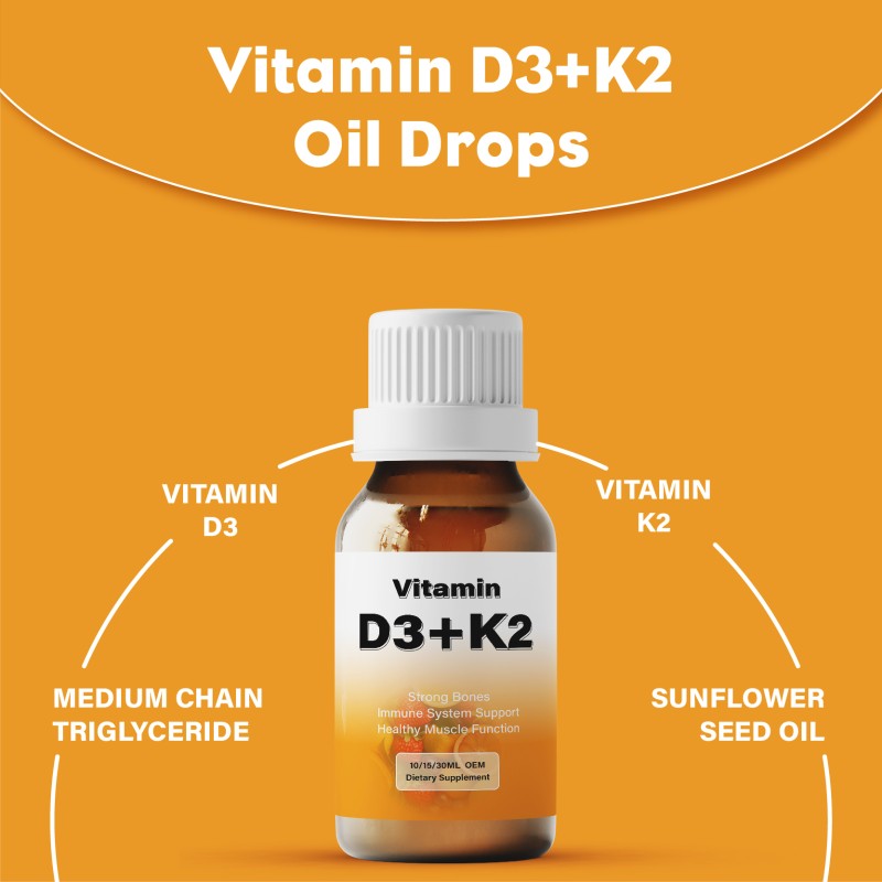 Healthcare Supplement OEM Liquid Vitamin D3 With Vitamin K2 Support Strong Bones Vd3+k2 Drops