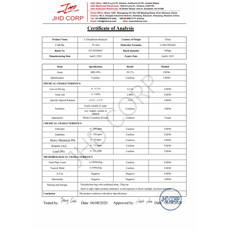 JHD Factory Cosmetic Grade Skin Whitening 99% L-Glutathione Reduced Powder