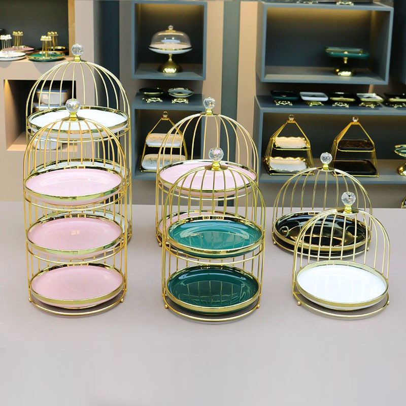 Cake Stand Factory - 2-tier Marble Metal Bird Cage Dessert Rack