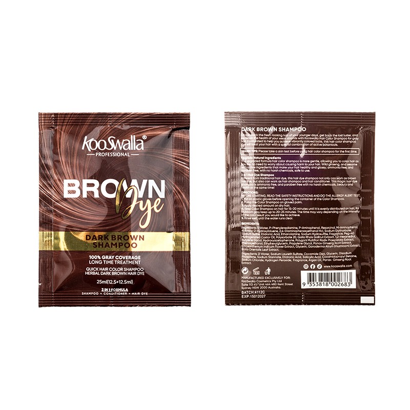 OEM Wholesale KooSwalla Herbal Natural Cream Hair Dye Permanent Dark Brown Sachet Black Hair Color Shampoo for Women and Men