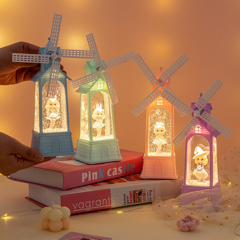 LED Luminous Snow Crystal Lamp Windmill Music Box Creative Party Decor Bedroom Crystal Lamp Windmill Home Table Ornaments