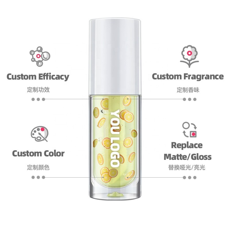 Custom Large Brush Head Fruit Transparent Lip Gloss Moisturizing Gold Leaf Lip Glaze 16 Colors Lip Oil