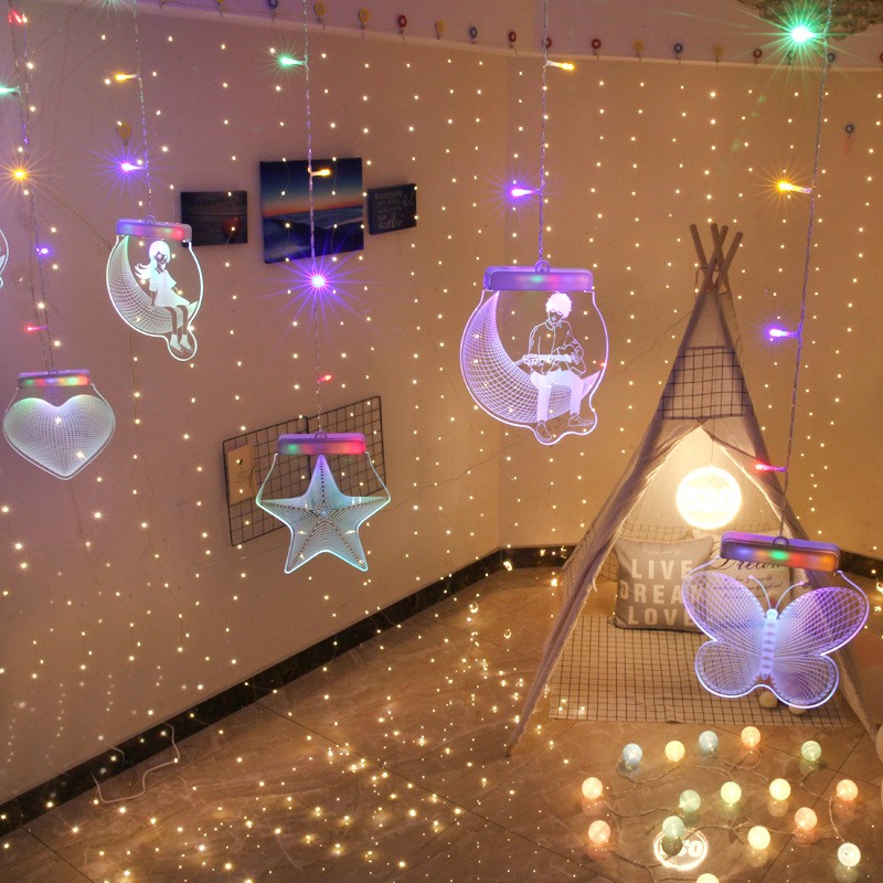 3D  Lamp Hanging Lamp Valentine Day Curtain String Light Romantic Room Decoration LED Curtain Light Star Love Birthday Gift Lamp