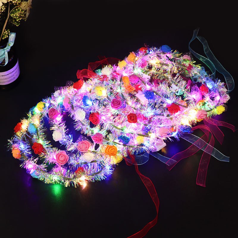 High Quality LED Flower Hairband Feather Led HeadbandCrown Floral Wreath Headband Artificial Wedding Garland Wreath
