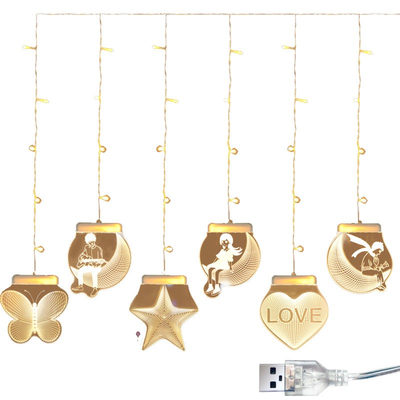 Valentine Day Led Romantic Home Wall Decor USB 3D Acrylic Window Decoration Curtain String Light Party Holiday Gift Light